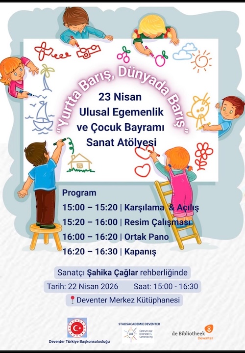 23 Nisan Çocuk Bayramı sanat atölyesi — Deventer Merkez Kütüphanesi, 22 Nisan 2026